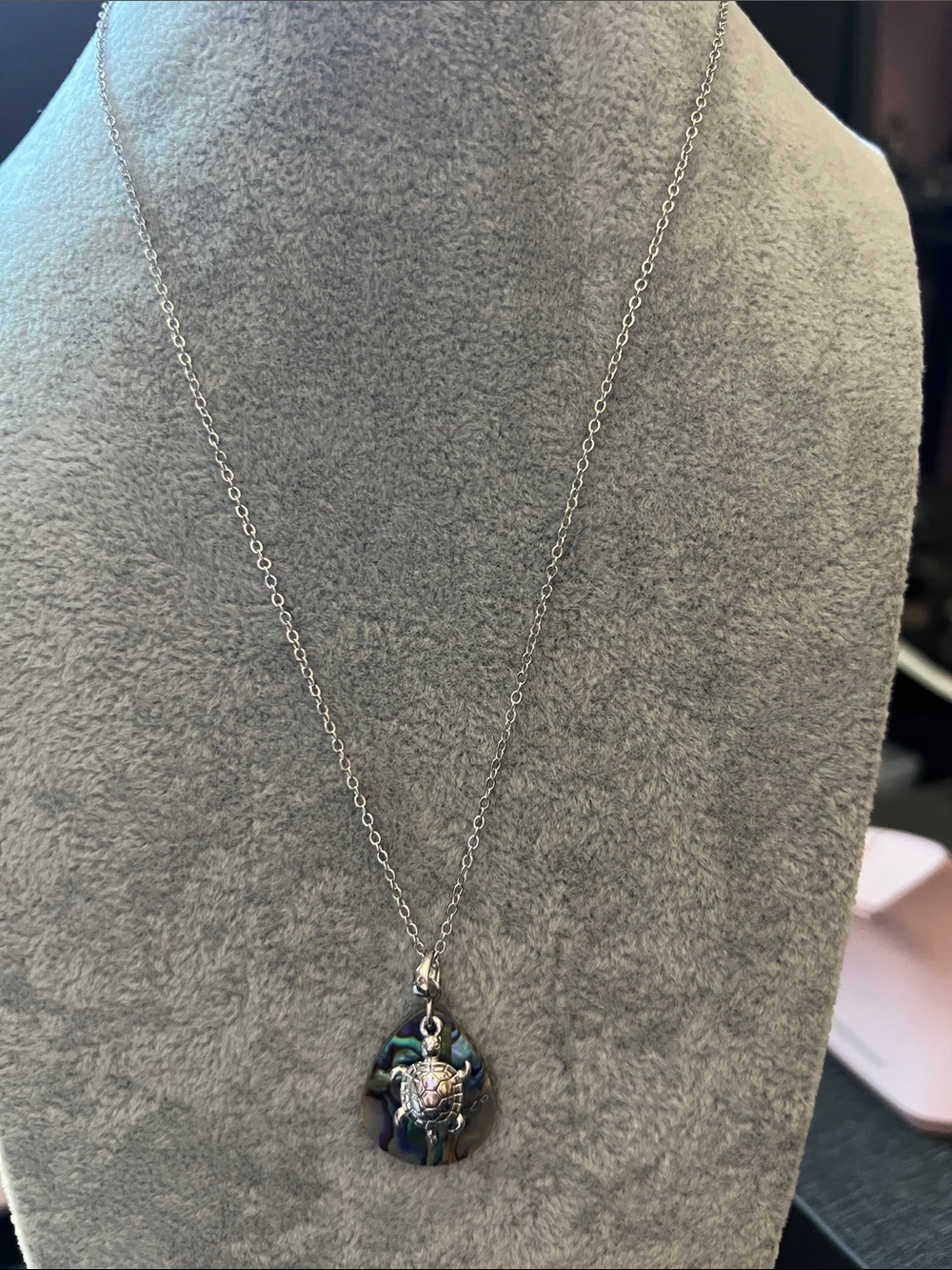 Abalone Teardrop Necklace with Silver Turtle Accent - Blue-Green